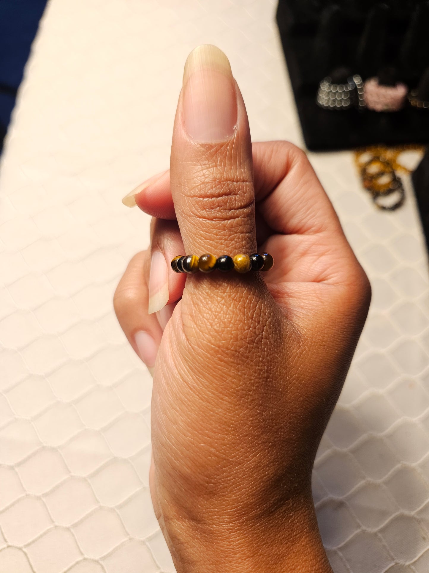 Tiger's Eye & Obsidian Crystal Beaded Ring
