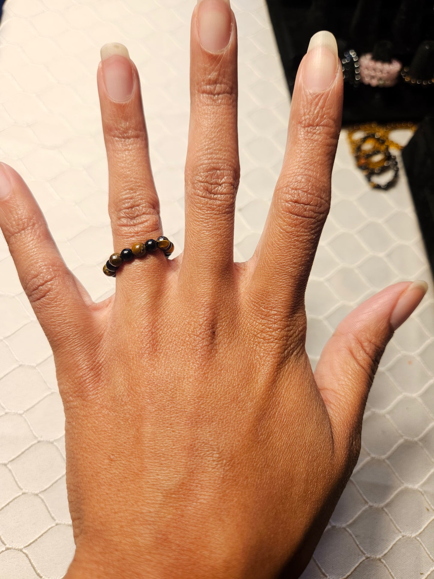 Tiger's Eye & Obsidian Crystal Beaded Ring